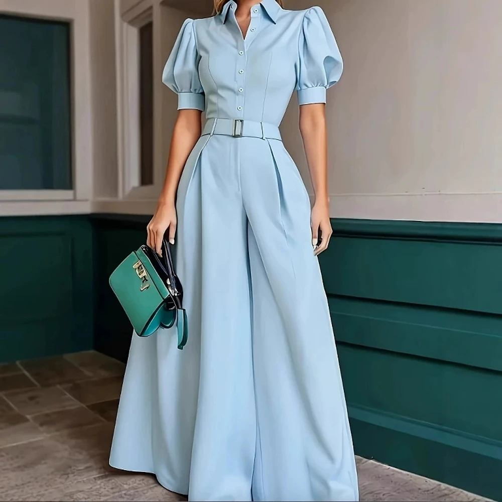 

Women's Summer Jumpsuits K-Fashion Plain Short Sleeve Shirt Collar Full Length Wide Leg Work Jumpsuits