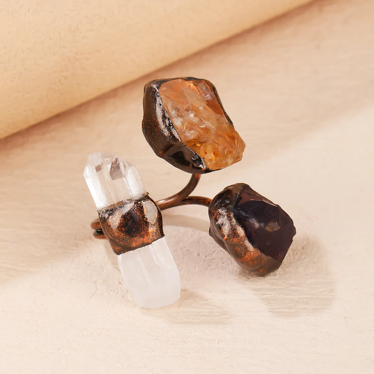 5pcs/lot Natural Crystal Amethyst & Citrine Open Finger Ring Black Gun Punk Gothic Jewelry for Women Party Gift Raw Quartz