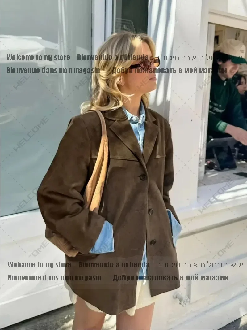 ผู้หญิงเดี่ยวปุ่มแขนยาวVINTAGE Blazer Coat 2025 Ladyฤดูใบไม้ร่วงStreet Outwearสีน้ําตาลLapel Pocket Suedeแจ็คเก็ตหนังสําหรับ