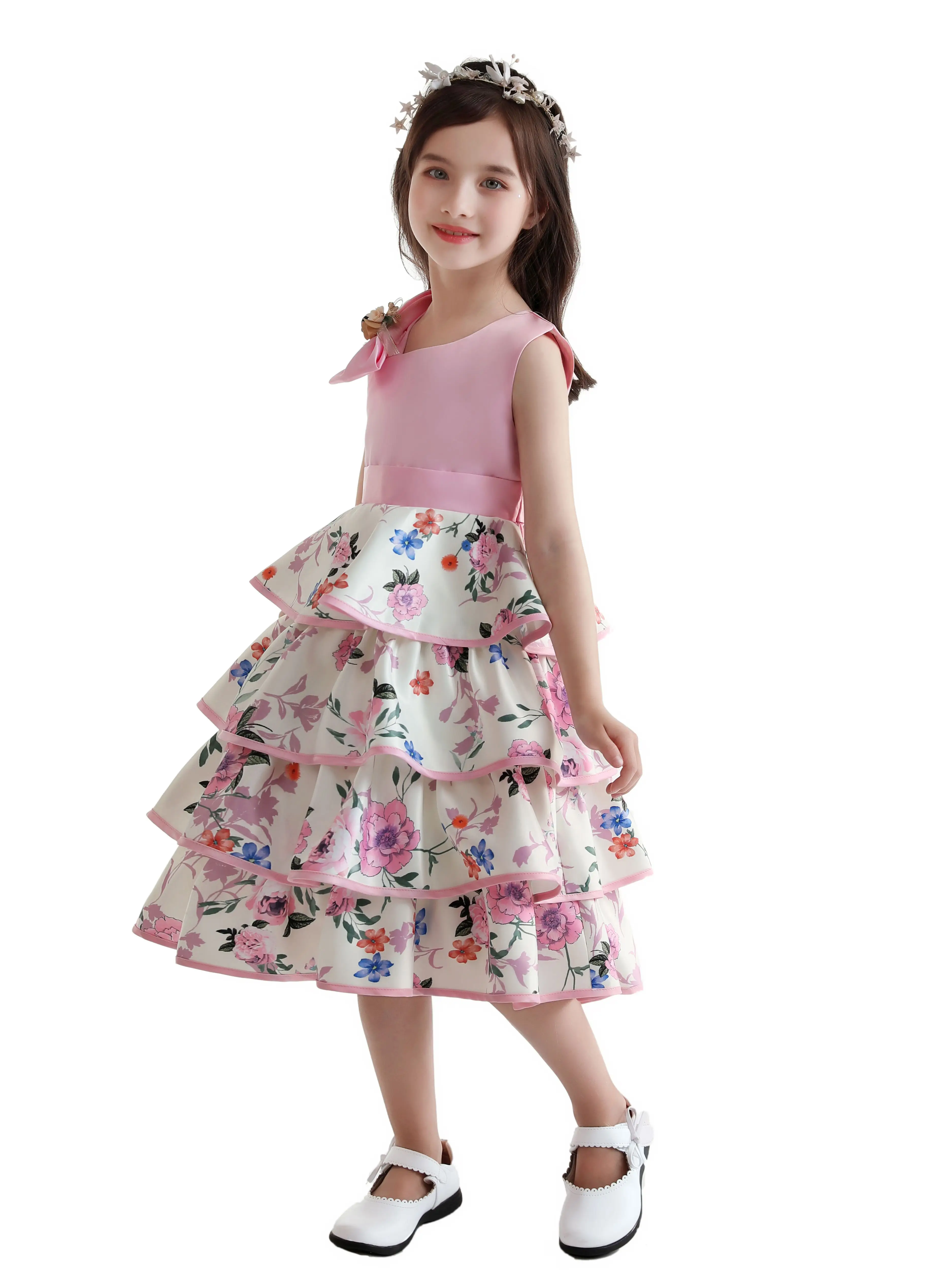 Children's European-Style Tiered Dress with Floral Print; Girls' Off-the-Shoulder Party Dress; Birthday Party Outfit