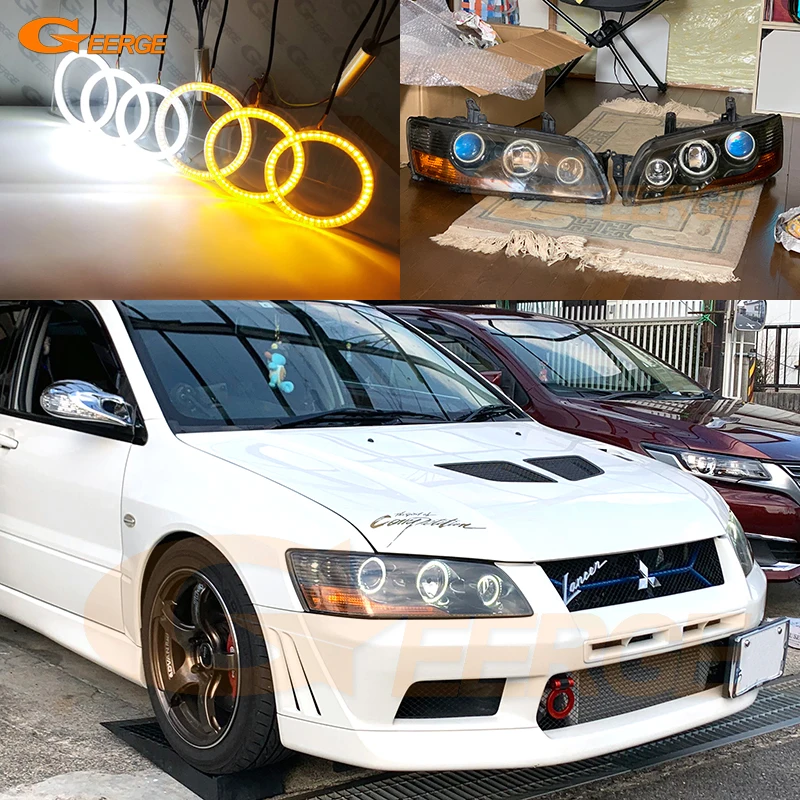 For Mitsubishi Lancer Evo 7 8 9 Ultra Bright WA Switchback Day Light Turn Signal SMD LED Angel Eyes Halo Rings Kit