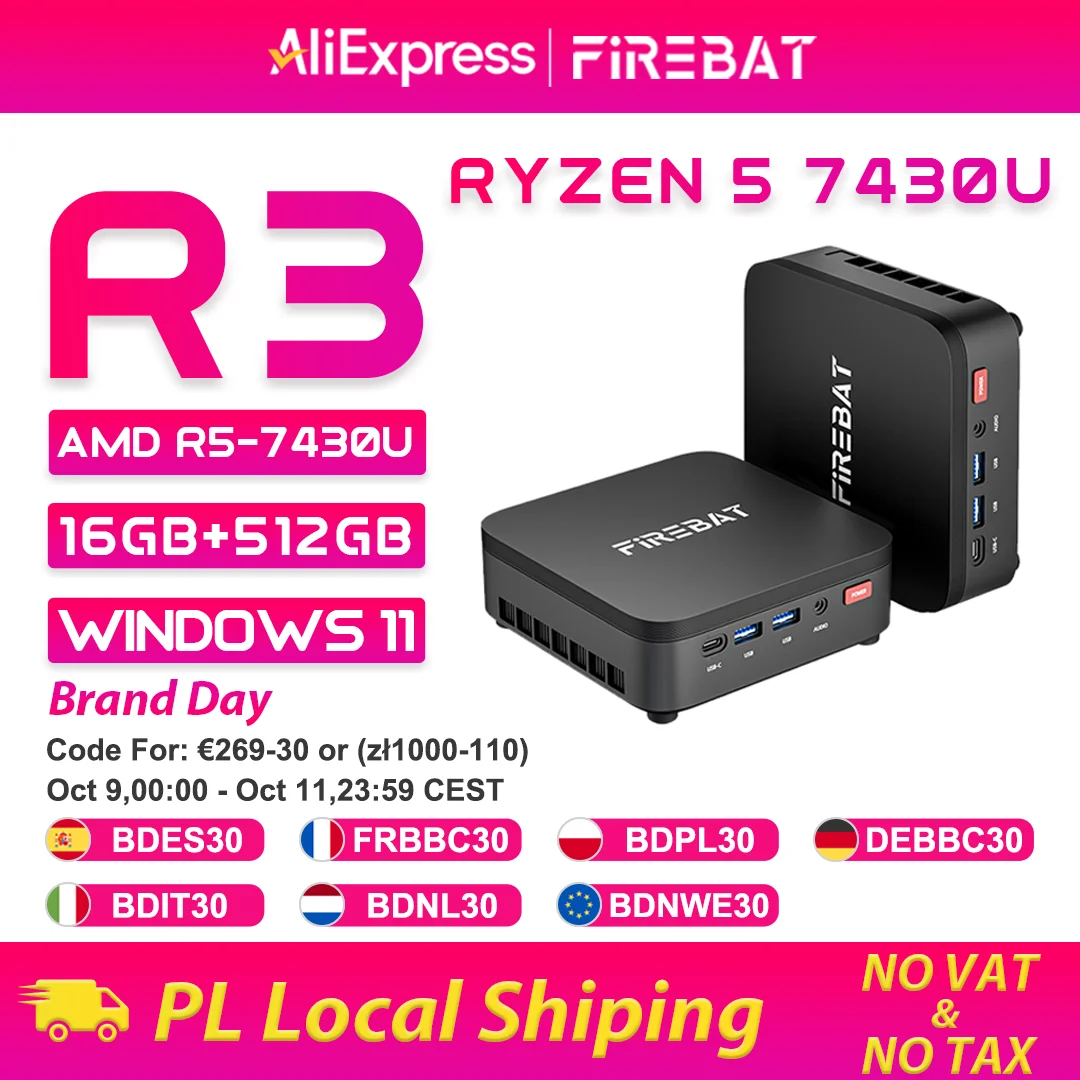 FIREBAT R3 Mini-PC Neuer AMD Ryzen 5 7430U 16GB LPDDR4 RAM 512GB SSD Windows 11 Wi-Fi 6 BT5.2 USB 3.0 Gaming Desktop Mini-Computer