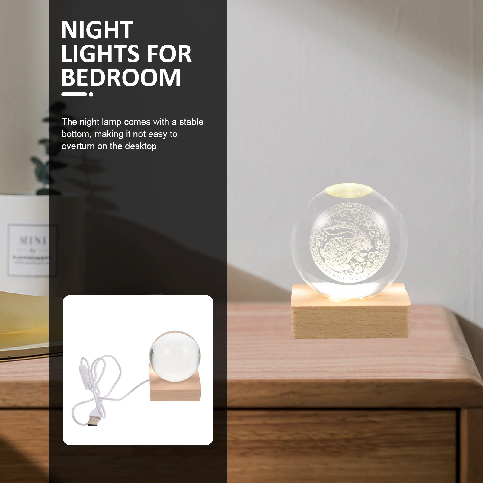 

USB Crystal Ball Light Decorative Rabbit Girls Room Kids Bedroom Tabletop Lights USB Night Lamp Office Decor Small