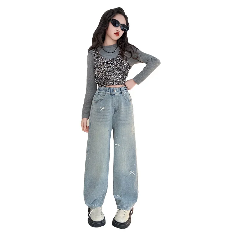 Kid clothes Girls jeans spring and autumn 2025 new fashionable medium and older children's casual straight-leg pants