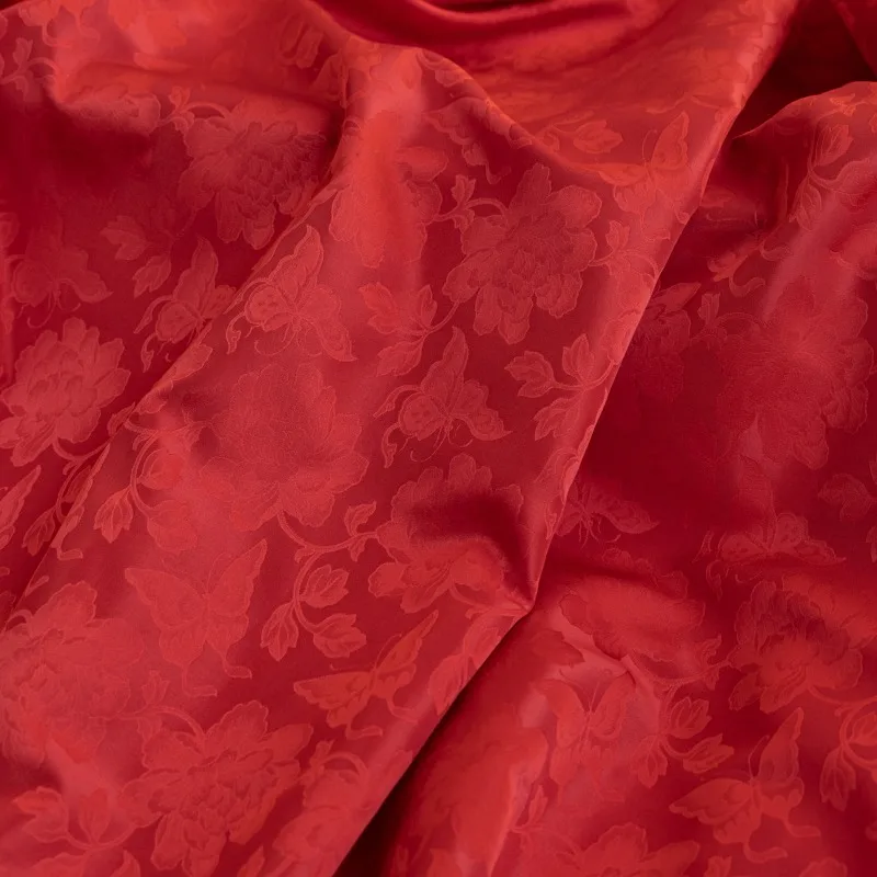 1meter Red Satin Jacquard Fabric Peony Butterfly Shadow Pattern Traditional Chinese Wedding for Hanfu Ming Dynasty Jacket Sewing