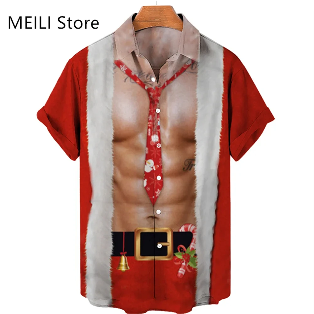 

Christmas Men's Shirts Santa Claus New Year Shirt Man Shirts Short Sleeve Streetwear Lapel Blouse Muscle 3D Print Shirts for Men