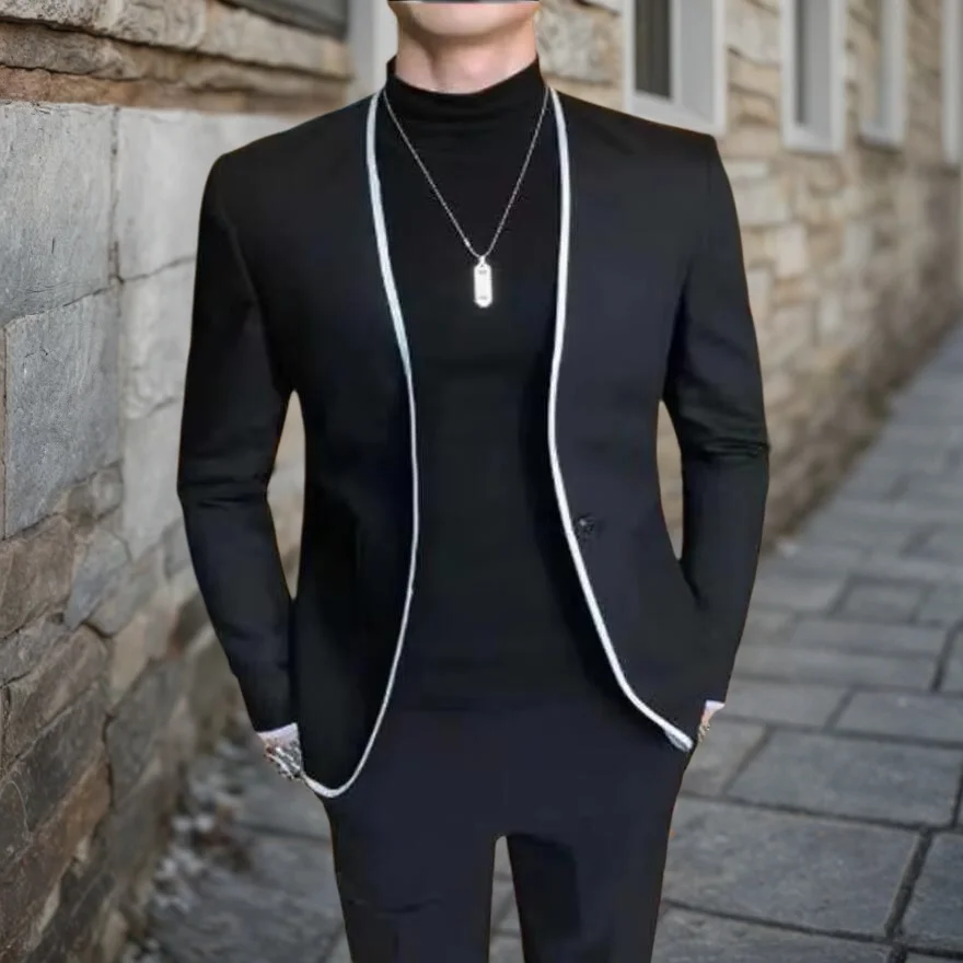 

Casual 2 Piece Black Men Suits Round Collar Blazer with Pants Sets Slim Fit Wedding Tuxedo for Groomsmen Male Fashion Clothing