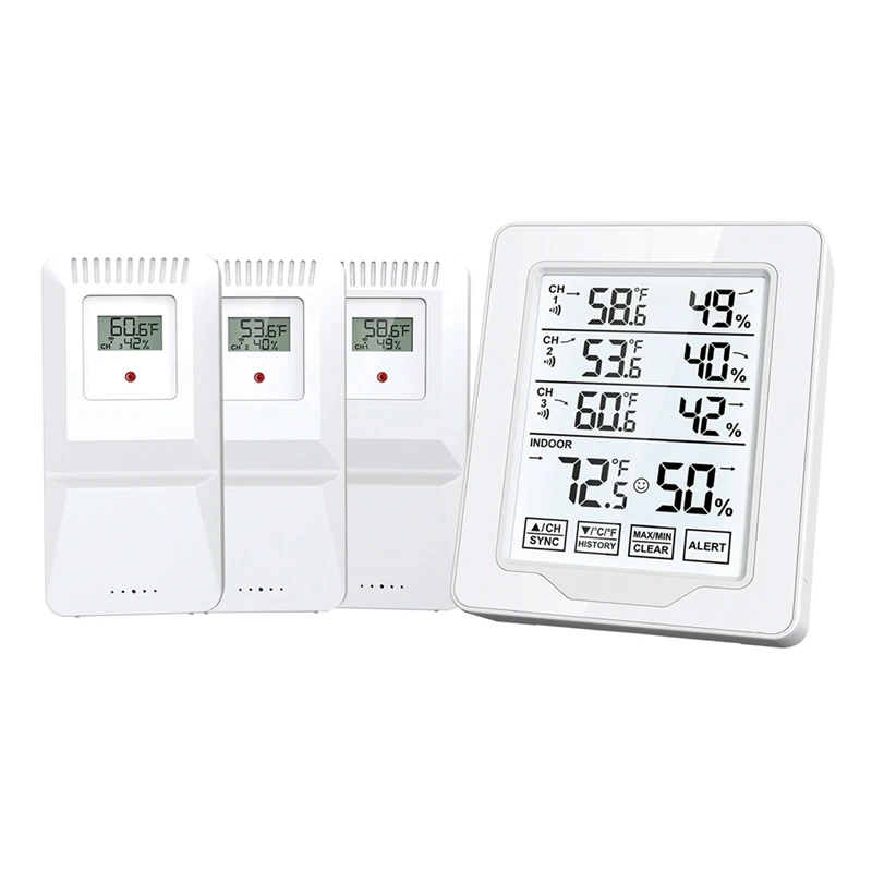 Digital Thermometer And Hygrometer Indoor Humidity With 3 Sensor Screen Display White Backlit Large Screen Recorder