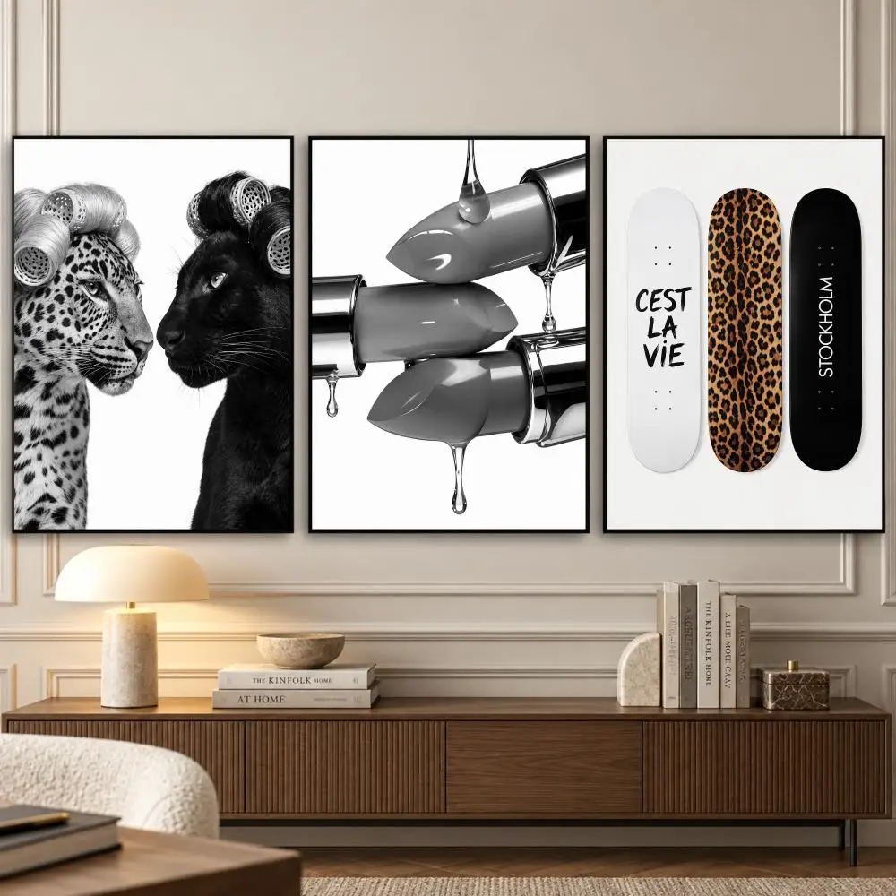 Trendy Leopard Lipstick Painting Calligraphy 3 PCS Canvas Wall Art Prints for Living Room Decor Vintage Fashion Decals