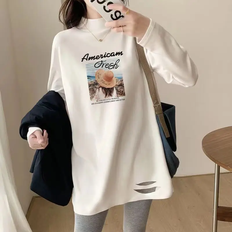 

Fashion O-Neck Solid Color Printed Hole T-Shirt Female Clothing 2023 Autumn New Oversized Loose All-match Tops Casual T-Shirt