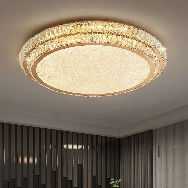 Golden Stainless Steel K9 Crystal LED Ceiling Light Three Color Dimming Luxury Rectangular Design for Living Room