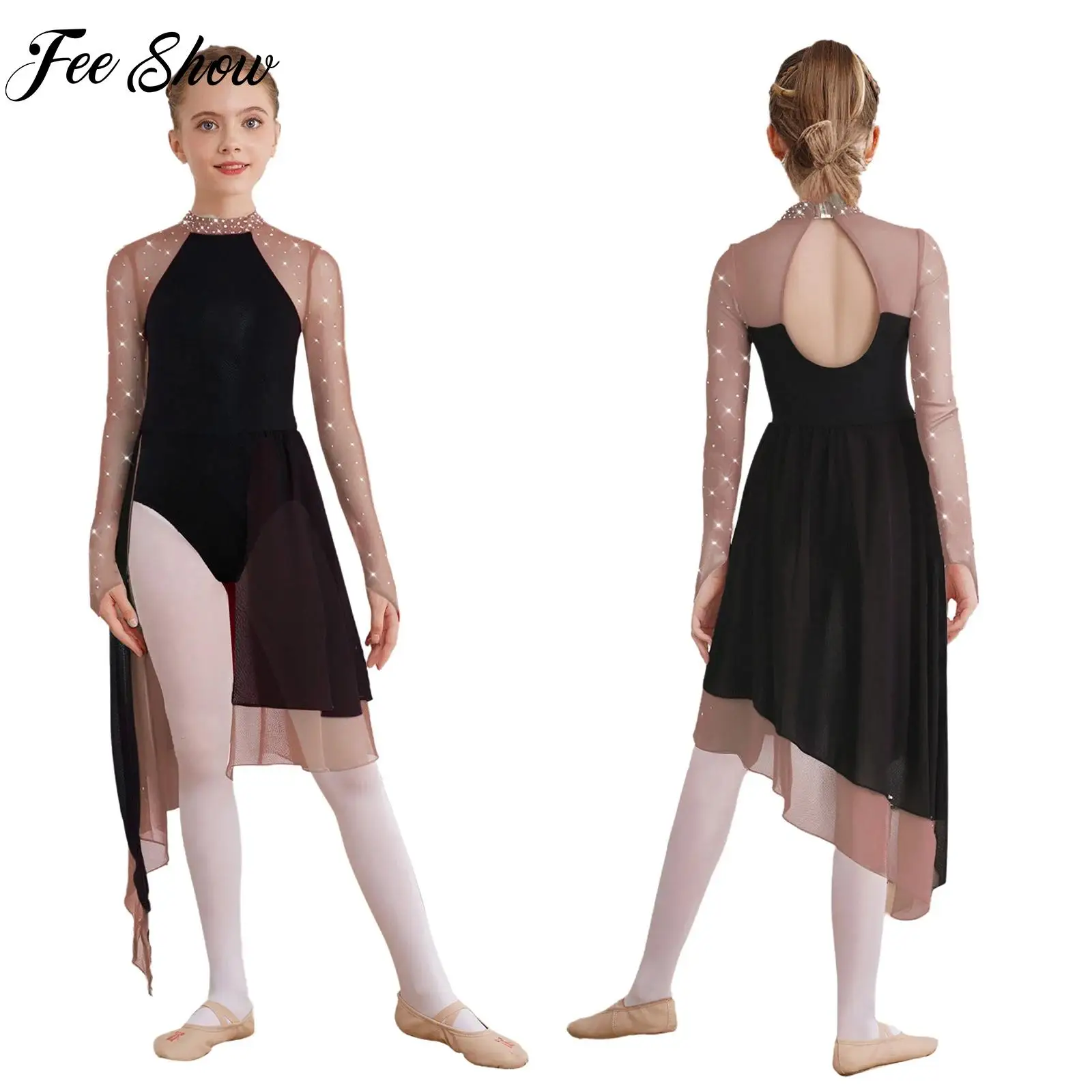 

Girl Ballet Lyrical Modern Dance Costume Glittery Rhinestones Bodysuit Contrast Color Slit Skirt Gymnastic Skating Dance Costume