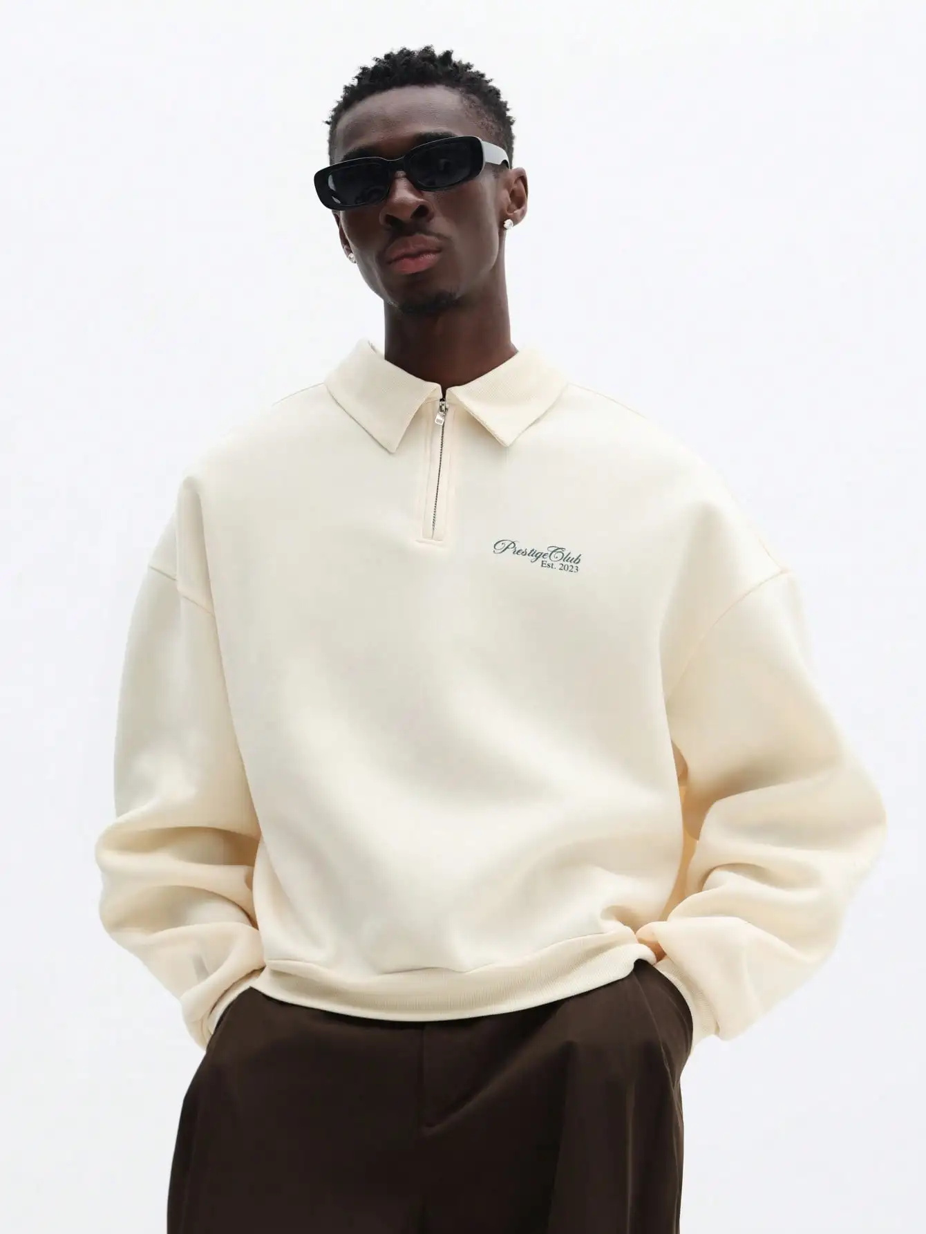 

Cream Quarter-Zip Collared Sweatshirt with Boxed Fit and Embroidered Logo
