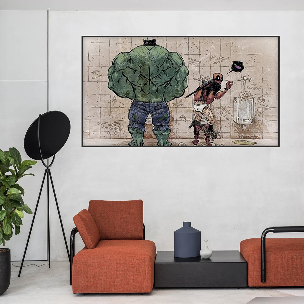 MINISO Superhero Funny Pee Canvas Painting Spider-Man Hulk Thor in Toilet Wall Art Poster Home Room Picture Print Artwork