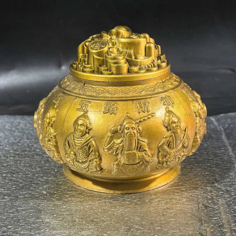 Large Brass Five-Way Fortune God , Copper Treasure Basin, Home and Office Decorative Craft Ornament