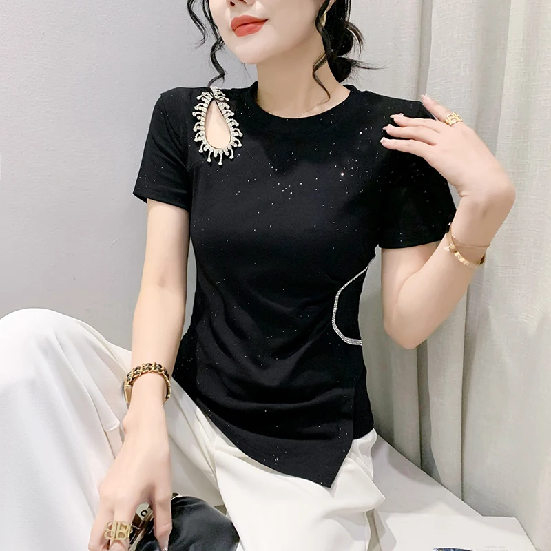 패셔너블한 비대칭 홀로우 아웃 오르트 스페이드 티셔츠 여성 슬림핏 섹시 다이아몬드 장식 탑 한국 스타일 코튼 블렌...