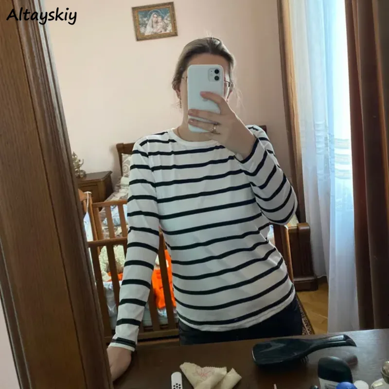 T-shirts Women Striped Long-sleeved Leisure Tops Tender Basic Clothing All-match Minimalist Literary Korean Style Aesthetic Cozy