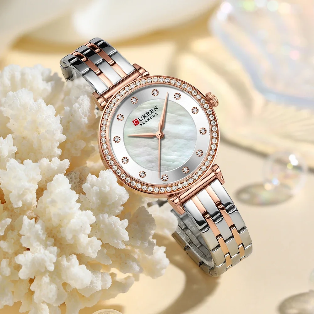 CURREN 9087 Luxury Slim Women's Watch Two Tone Stainless Steel Band Mother of Pearl Dial with Rhinestones Elegant Quartz Watch