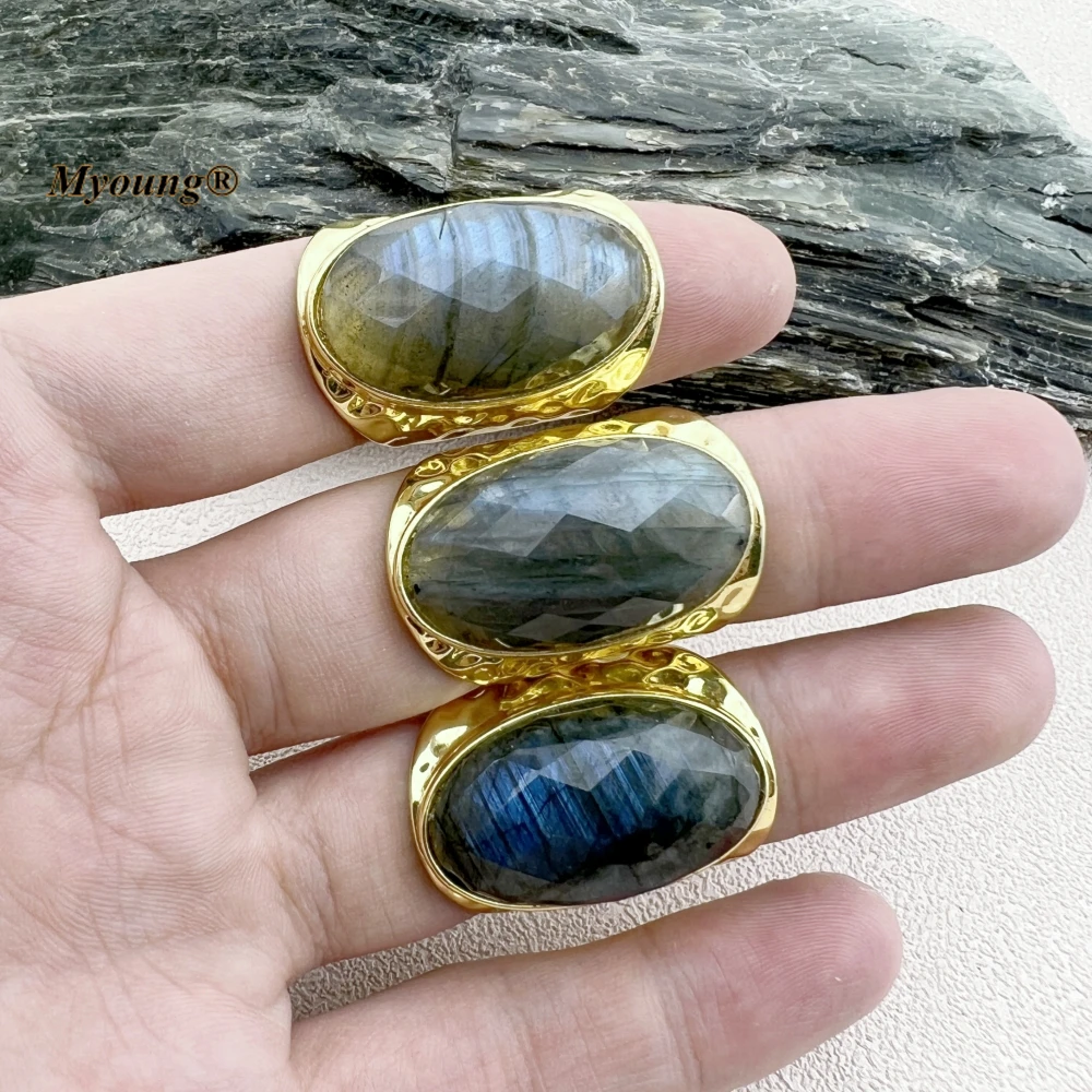 10PCS Pure Gold Color Plated Faceted Large Oval Shape Natural Flash Labradorite Moonstone Adjustable Rings MY231025