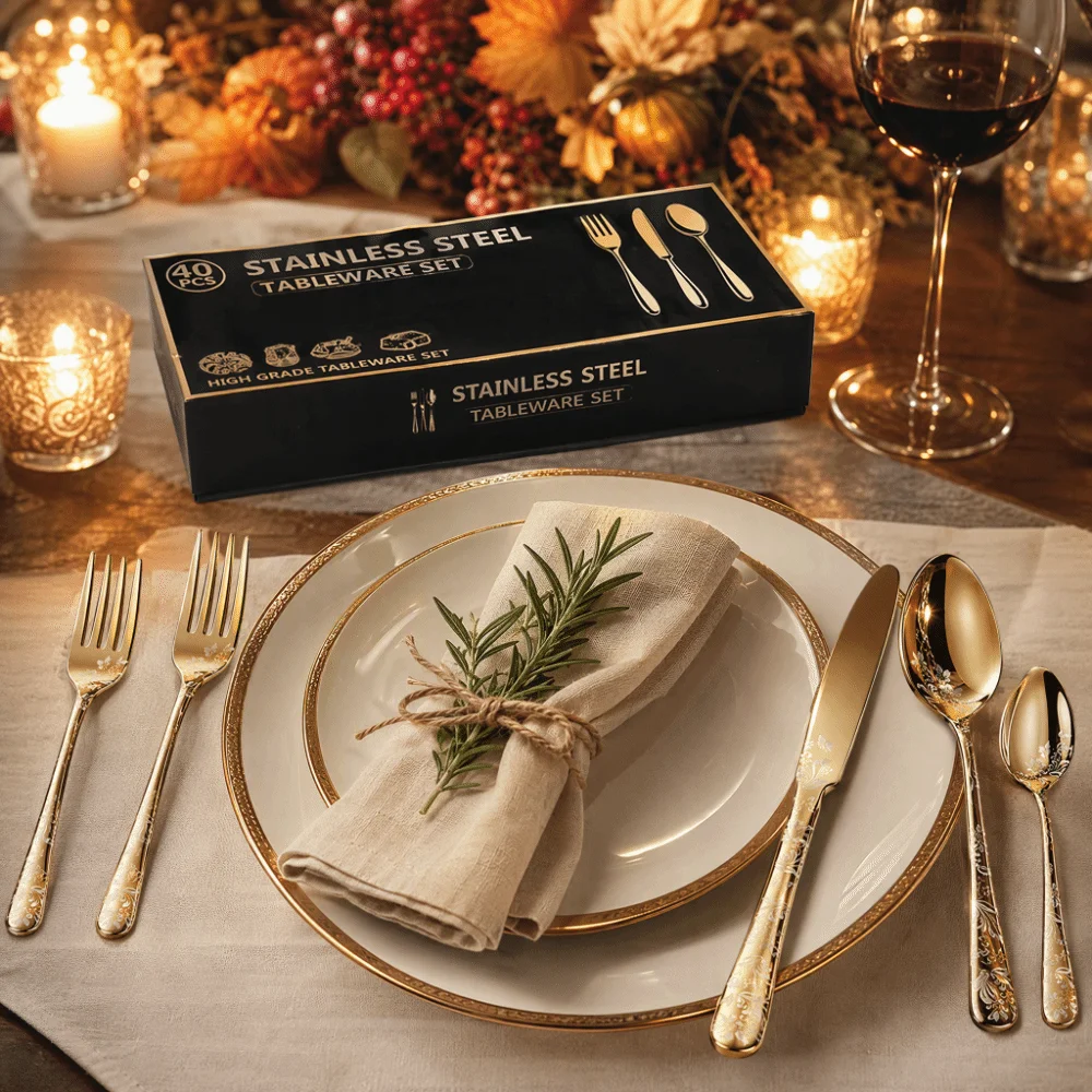40pcs Stainless Steel Silverware Set Mirror Polished Silver Gold Cutlery Set Elegant Unique Flatware Set