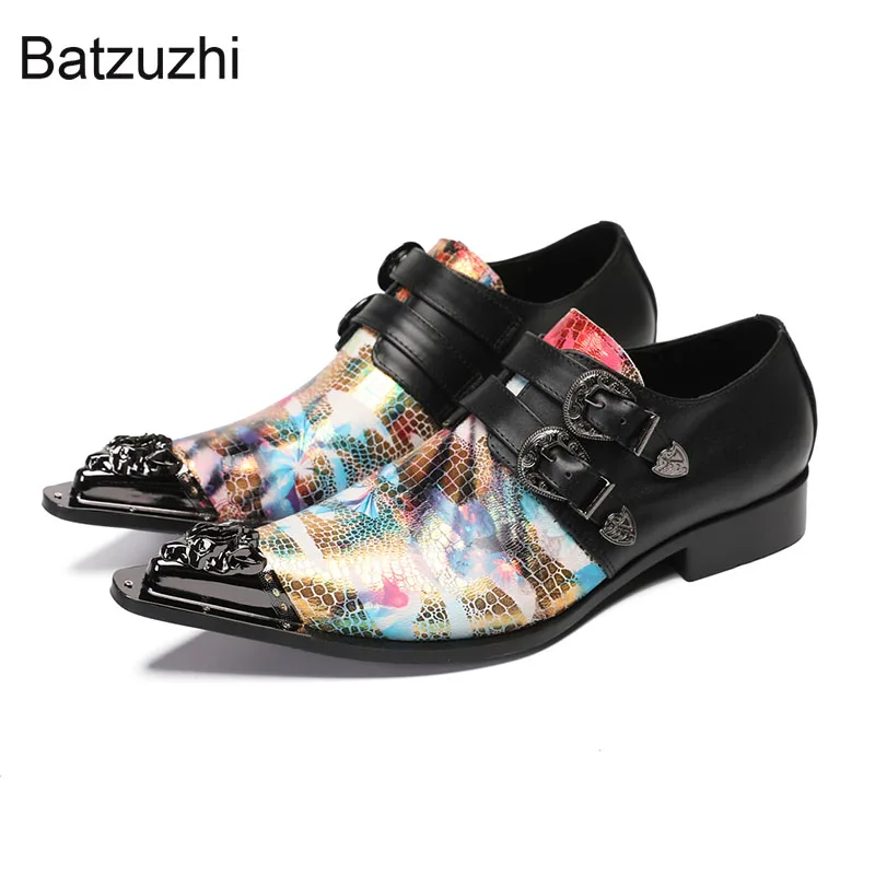 

Batzuzhi New Fashion Men Shoes Pointed Metal Toe Slip on Leather Dress Shoes for Men Formal Business, Party and Wedding Oxfords