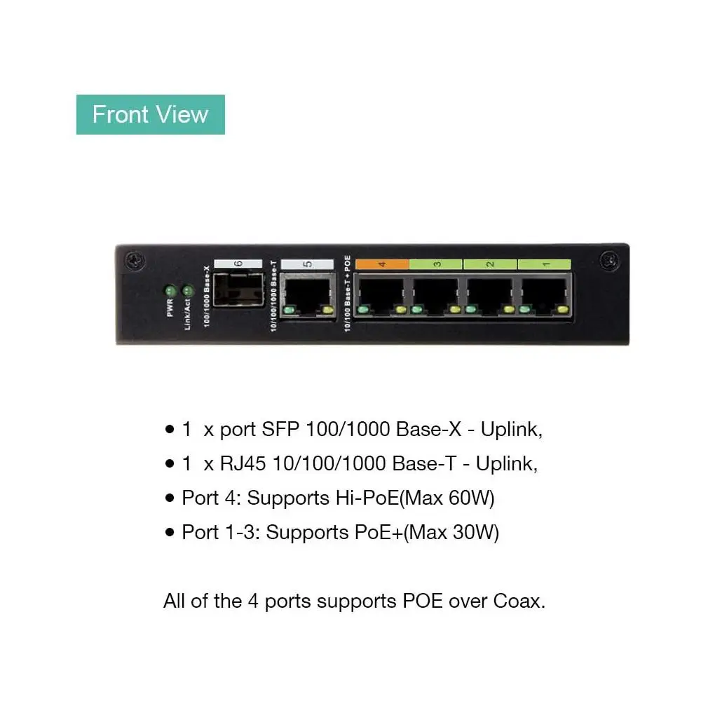 Conmutador híbrido POE y EOC de 4 puertos gestionado Industrial con tecnología Ethernet sobre coaxial conmutador POE