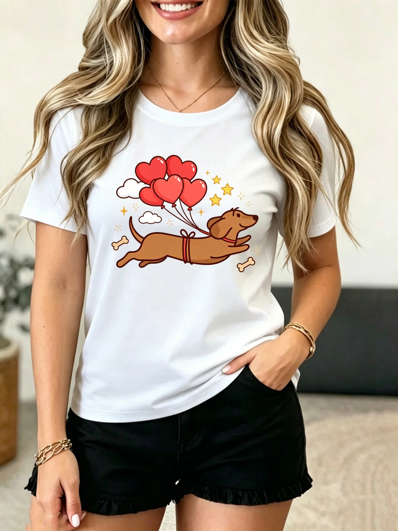 Women Crew Neck Tee Cute Flying Dachshund Red Heart Balloon Graphic Print Short Sleeve Loose Ladies Cotton Plus Size Casual Top
