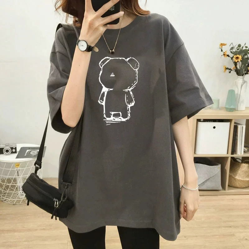 Cartoon Bear Cotton Print Summer Fashion Women's T-shirt Kawaii Casual Plus Size Short Sleeve Loose Street Sport T-shirt Top