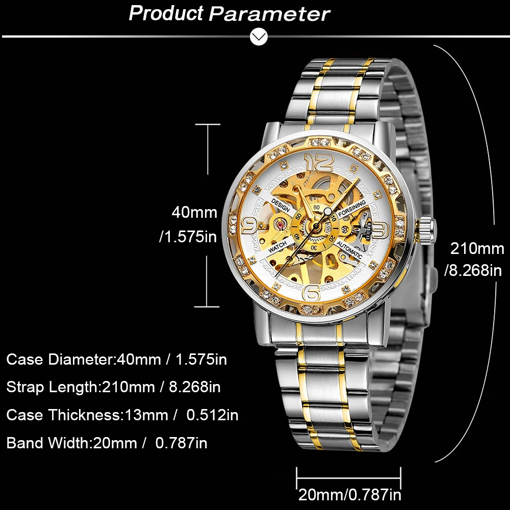 FORSINING модные деловые роскошные мужские механические часы со скелетом, светящиеся указатели со стразами, стальная гравировка, мужские наручные часы