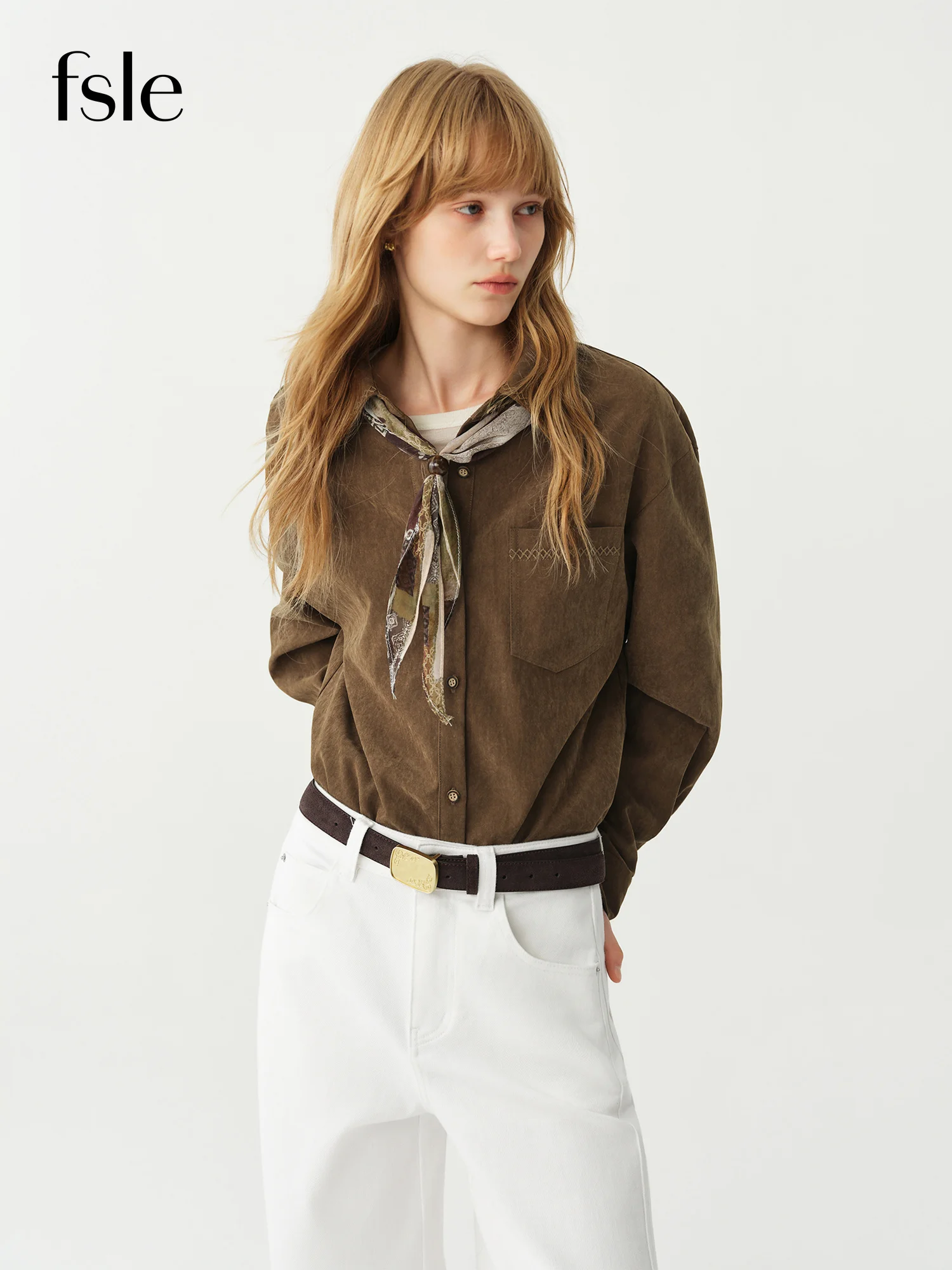 FSLE 2026 Fall Winter Women's Vintage Brown Brushed Blouse with Detachable Scarf - Chic Warm Layering Top for Daily Wear