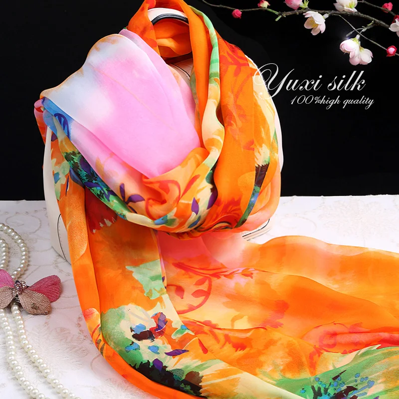 

High Quality Orange Flower 100% Silk Long Scarf Shawl Women's Spring, Autumn and Winter Summer