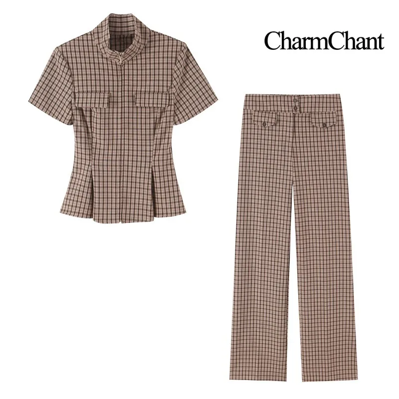 CHARMCHANT Women's Plaid Two Piece Set Short Sleeve Peplum Blouse Flare Trousers Zipper Stand Collar Workwear Spring Summer 2026