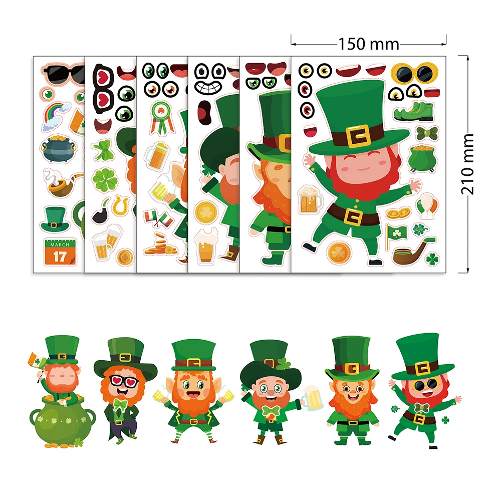 6/12Sheets St. Patrick's Day Puzzle Stickers Make a Face Cartoon Assemble Jigsaw Games Funny Toys Gift For Kids Amazing Sticker