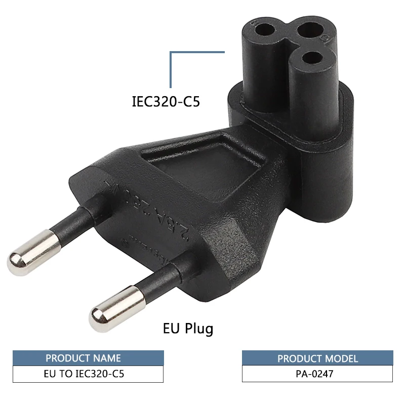 

B27B 2-Pin Eu Male To Iec 320 C5 Female Ac Adapter 2.5A Fuse,Eu Industrial Power Converter