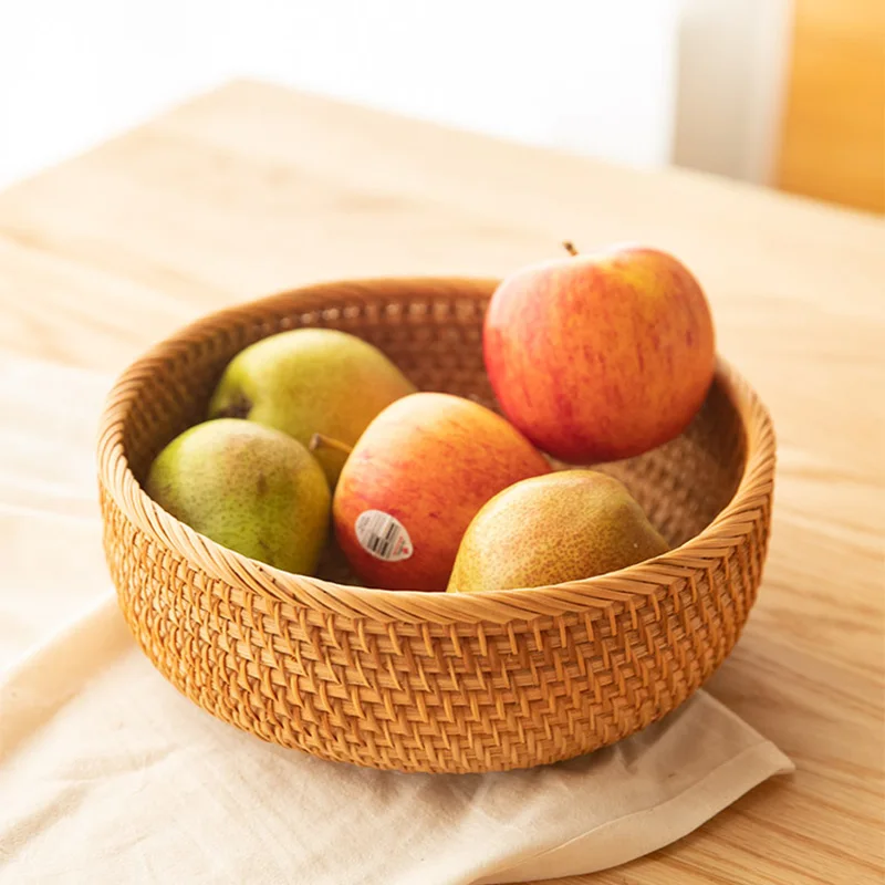 

Round Handwoven Rattan Basket Fruit Wicker Tray Picnic Storage Basket Food Bread Plate Snack Box Cake Sundries Container Decor