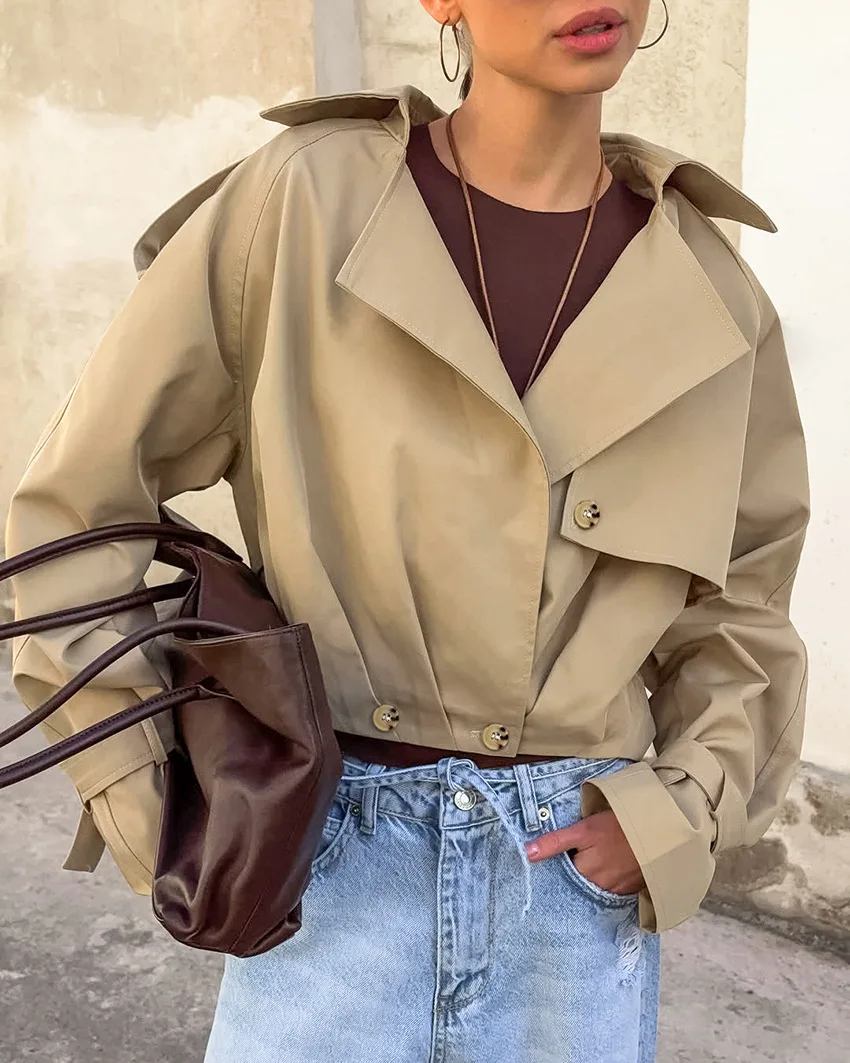 

Women Autumn Casual Workwear Windbreaker Double Breasted Jacket Loose Short Suit Collar Design Sense Fashionable Women Clothing