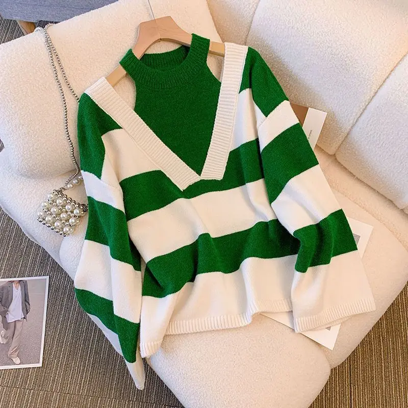 שני צוואר מזויף שני צוואר תלוי כתף פסים באביב של נשים סתיו סגנון חדש בסגנון מערבי הפחתת סוודר סוודר סרוג העליון