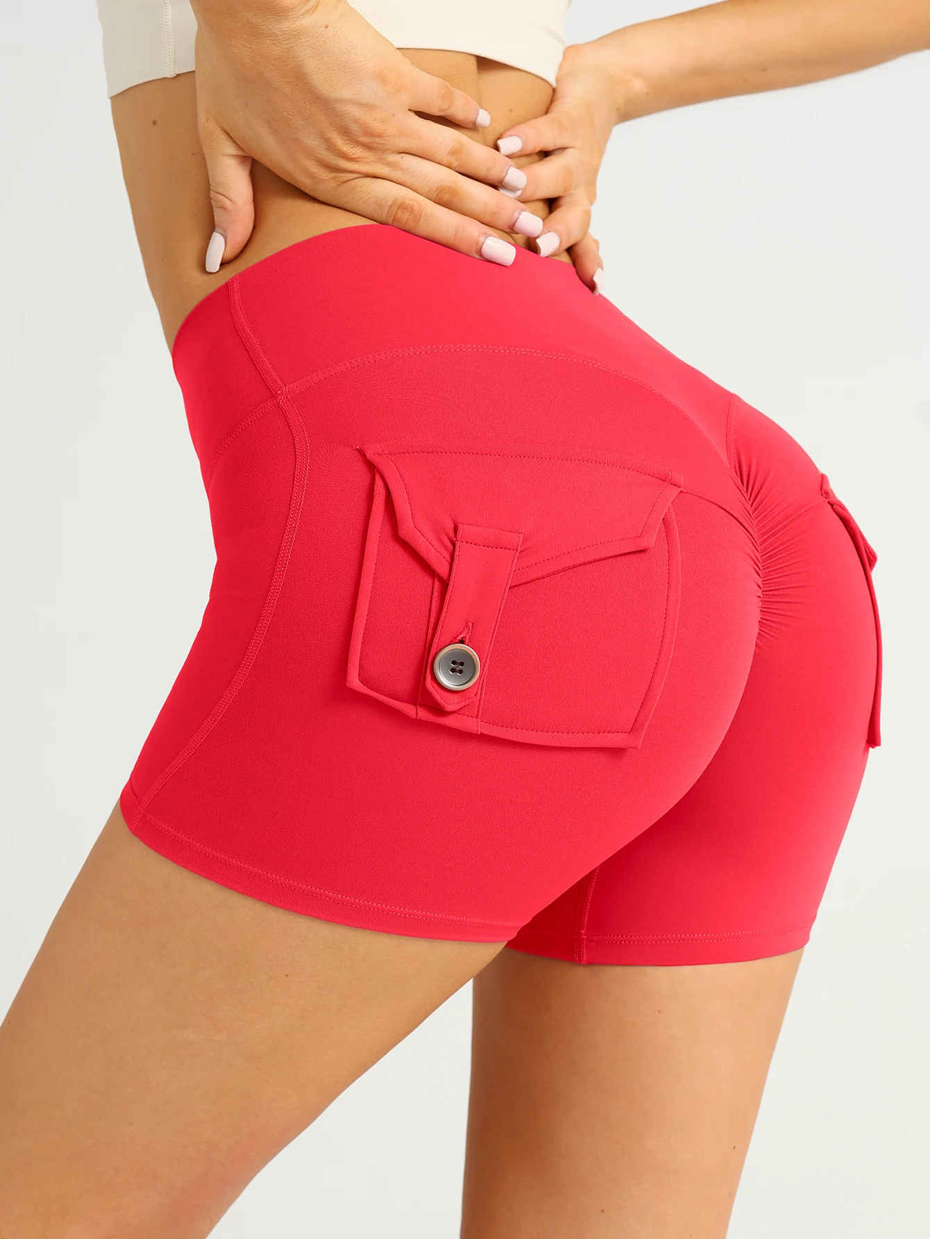 Damen High-Waist Yoga-Shorts mit Taschen, Sexy Po-Formend, Hochbelastbar, Atmungsaktiv, Bequem für Laufen, Fitness, Freizeit, Radfahren und Sport