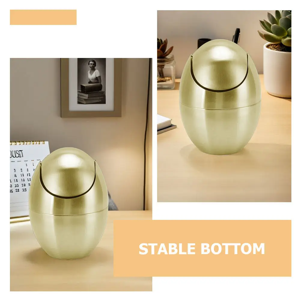 Mini Desktop Trash Can Golden Stainless Steel Egg Shaped Compact Waste Bin for Office Bedroom Bathroom Small Desk Trash Can