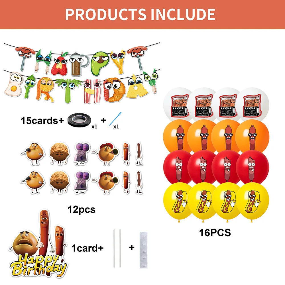 Cartoon Cute Sausage Party Banner Flag Balloon Comedy Adventure Animation Foodtopia Birthday Decoration