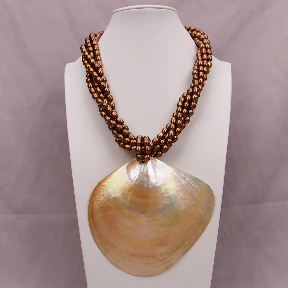G-G 19'' 5 Rows Natural Coffee Rice Pearl Necklace Big Yellow Sea Shell Pendant Handmade For Lady
