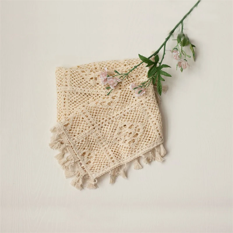 Square Lace Blanket Newborn Baby Photo Shoot Wrap Backdrop Cotton Vintafe Beige Tassel Blanket Photography Swaddle Basket Filler