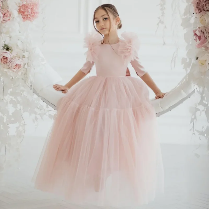 

Flower Girl Dresses Light Pink Tulle With Bow Half Sleeve For Wedding Birthday Party Holy Communion Banquet Princess Gowns