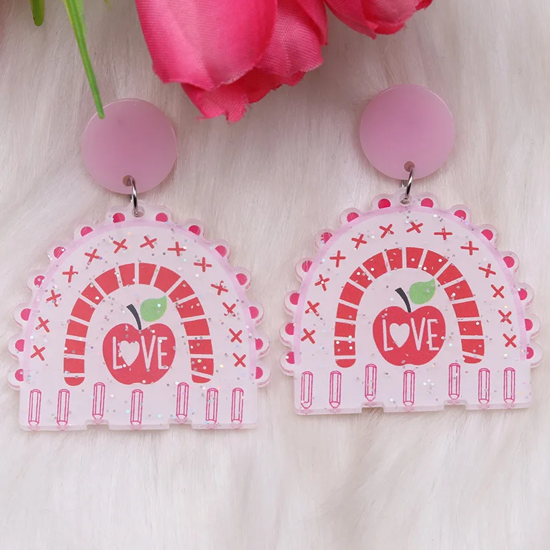 New Teacher's Day Cartoon Love Pencil Earrings, Red Apple Notebook Print Pendant Earrings, Opening Season Jewelry Gifts