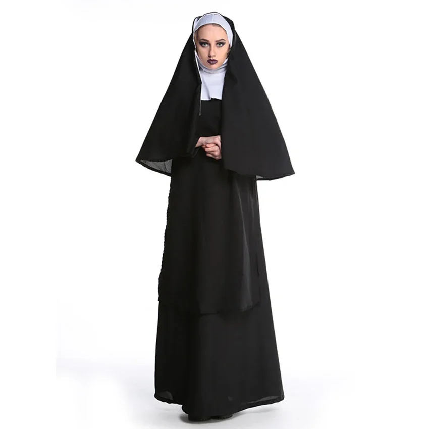 

Virgin Mary Nuns Costumes for Women Sexy Long Black The Conjuring Evil Nuns Costume Arabic Religion Monk Ghost Uniform Halloween