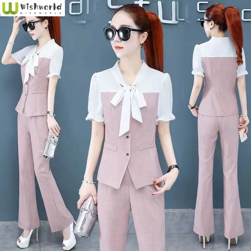 Chiffon Temperament Professional Suit Women's Spring and Summer Korean Fashion Slim Micro Flare Pants Two-piece Suit