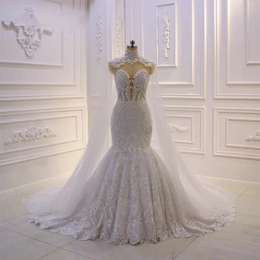 Customized Luxury Mermaid Wedding Dress 2025 With Cape Sleeves Lace Appliques Sheer Button Back Bridal Gowns Vestidos De Noiva