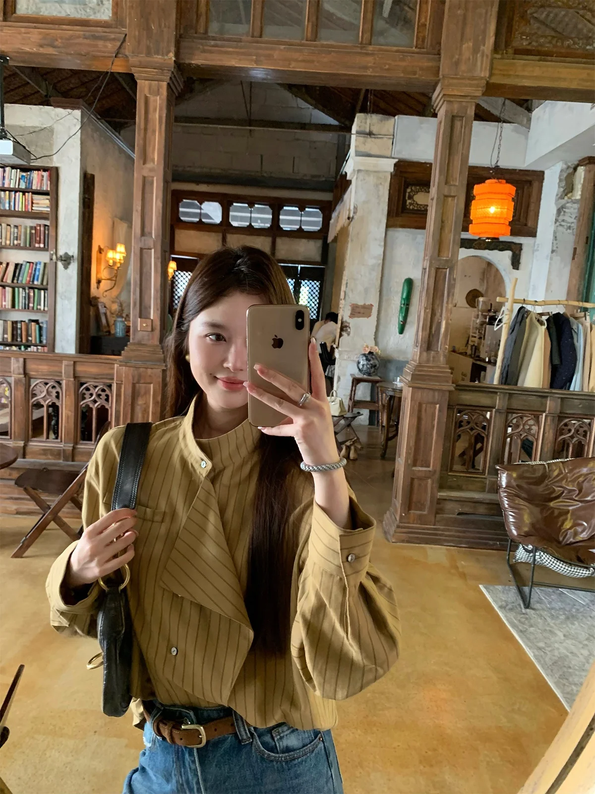 

Artistic Deconstructed Design Khaki Imitation Copper Long Sve Stripe irt Stand Collar Women's Top Florr Playa Brand