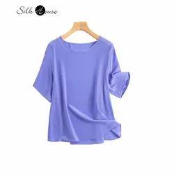 100% Natural Mulberry Silk 03 Crepe De Chine Purple Round Neck Mid Sleeve Versatile Women's Casual T-shirt