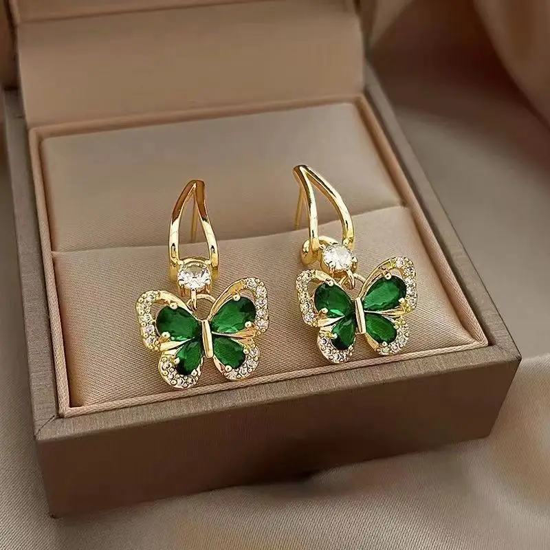 Green CZ Crystal Butterfly Drop Earring for Women Creative Personality New Fashion Party Jewelry Girl Gift